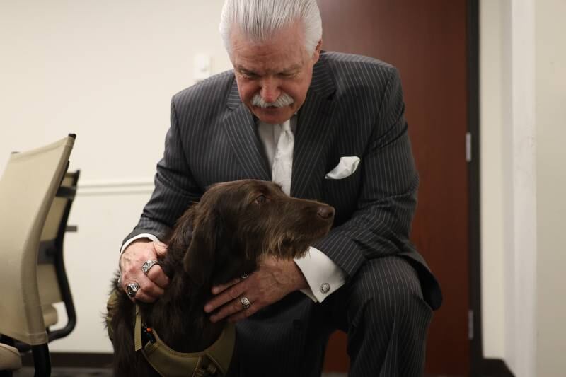 Will County State’s Attorney James Glasgow pets Winnie, a labradoodle comfort/therapy dog, at the Will County state’s offices on Tuesday, July 11th, 2023 in Joliet.