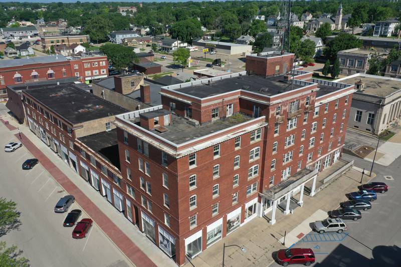 An aerial view of the Hotel Kaskaskia on Thursday, June 16, 2022 downtown La Salle. City of La Salle officials obtained a search warrant of the property and toward the facility.