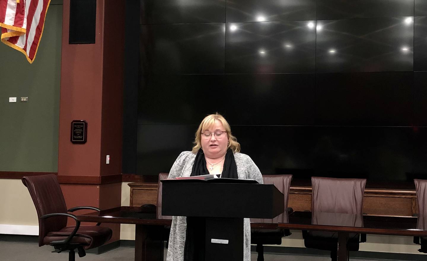 Oswego Village Board candidate Karin McCarthy-Lange answers questions Monday, March 20, 2023 at a candidate forum held by the Oswego Chamber of Commerce at the Oswego Fire Protection District at 3511 Woolley Road.