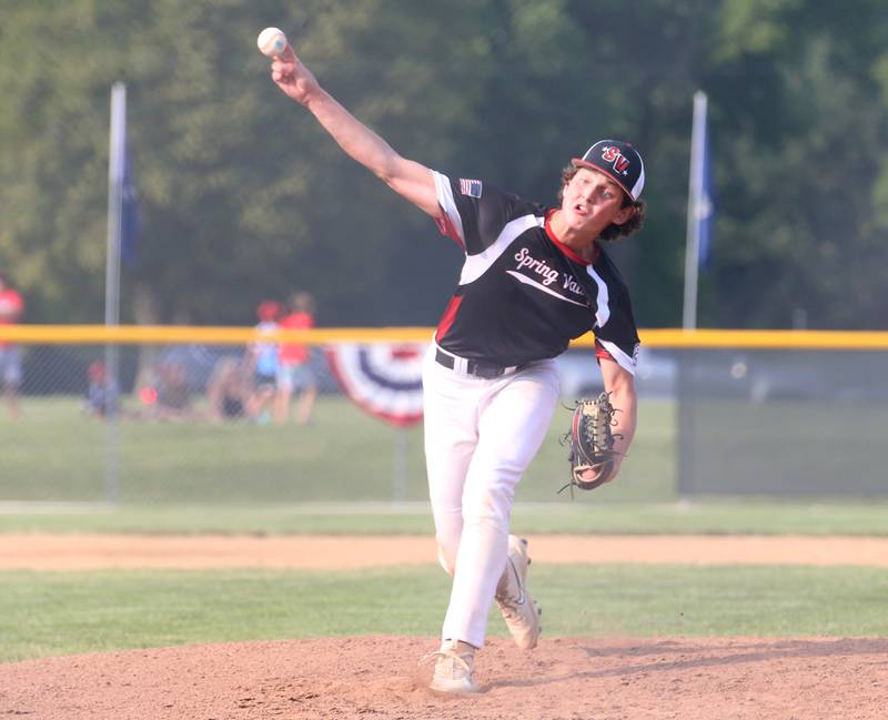 Spring Valley pitcher Jack Jablonski lets go of a pitch to Michigan during the Central Region Baseball Tournament on Monday, July 24, 2023 at Washington Park in Peru.