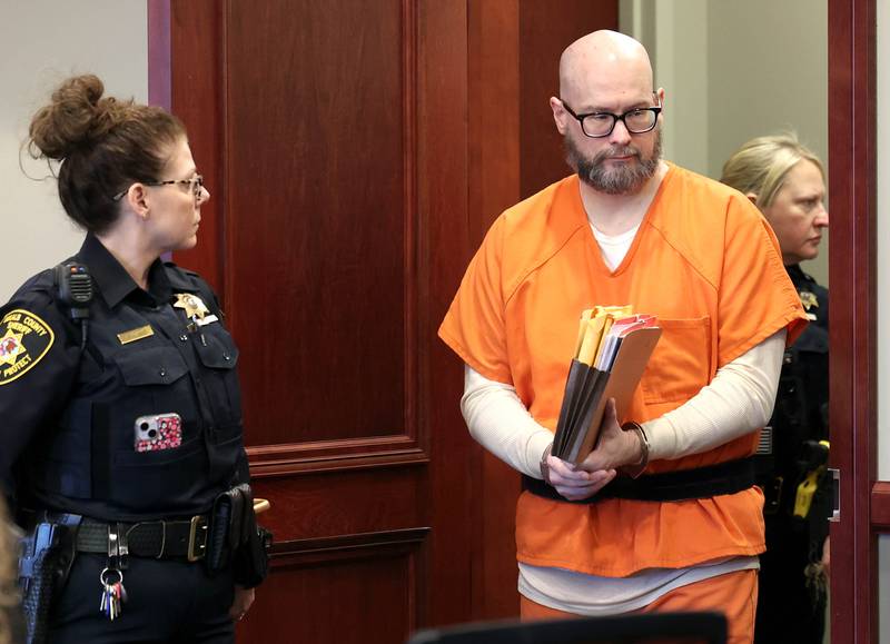 Jonathan D. Hurst, convicted of murdering Sycamore mother and son Patricia and Robert Wilson in 2016, enters the courtroom Thursday, March 20, 2025, for his sentencing at the DeKalb County Courthouse in Sycamore. Hurst was sentenced to life in prison.