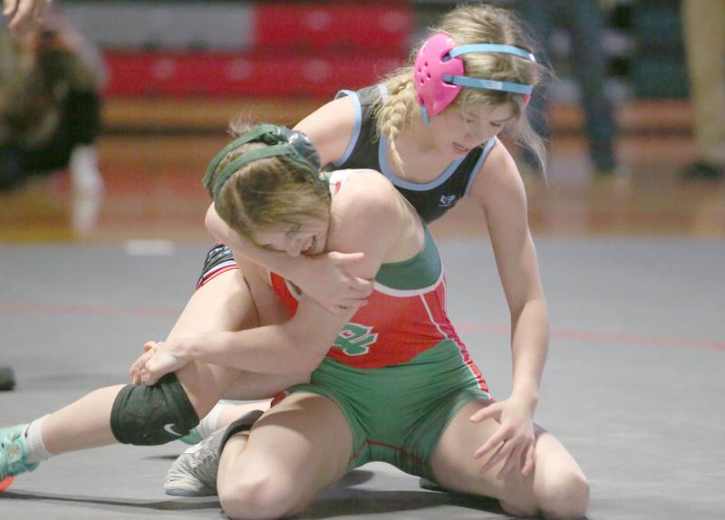 Ottawa's Izzy Gwaltney and L-P's Sarah Lowery wrestle on Thursday, Jan. 9, 2025 in Sellett Gymnasium at L-P High School.