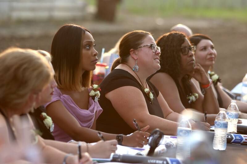 Judges and others watch pageant contestants at the McHenry County Fair in Woodstock on Tuesday, July 30, 2024.