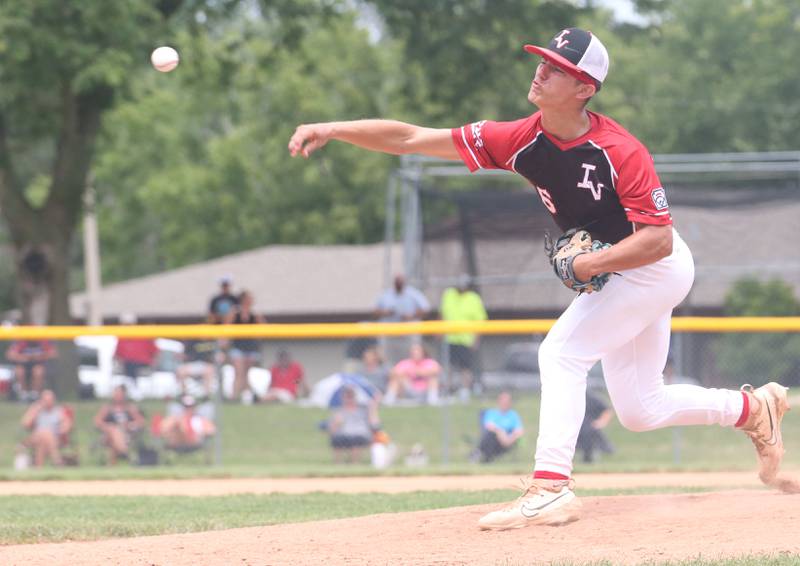 Spring Valley pitcher Layten Gerdes lets go of a pitch to Burbank the Central Regional Senior Baseball Regional tournament at J.A. Happ Field in Washington Park in Peru.