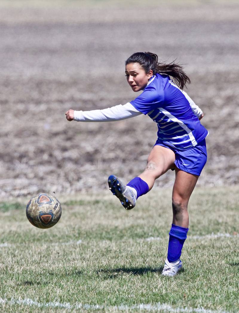 Princeton's Viviana Robledo gives the ball a boot in Saturday's third-place game of the Princeton Invitational vs. Streator.