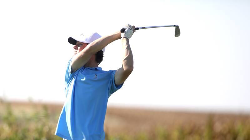 Oswego East’s Alex Soczka tees off during the Class 3A Plainfield North Boys Golf Sectional at Whitetail Ridge Golf Course in Yorkville on Monday, Oct. 2, 2023.