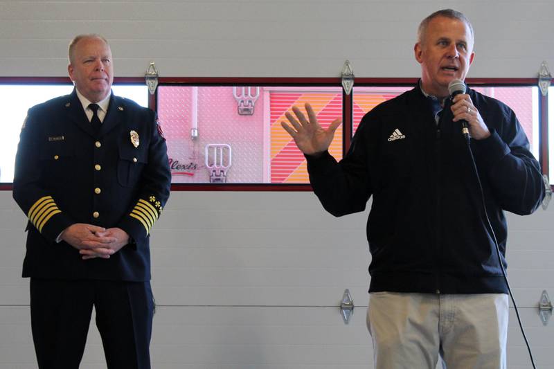DeKalb Mayor Cohen Barnes (right) delivers remarks while Fire Chief Mike Thomas watched at the grand opening for DeKalb Fire Station No. 4 at 1130 S. Malta Road at a grand opening event on Saturday, April 26, 2025.