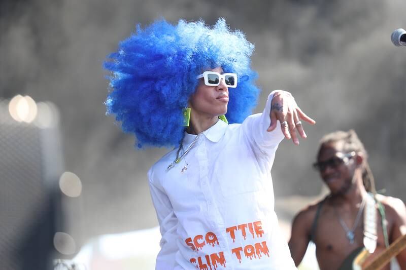 A member of the Parliament Funkadelic dances on the Rise Stage on day one of Riot Fest, Friday, Sept. 15, in Chicago.