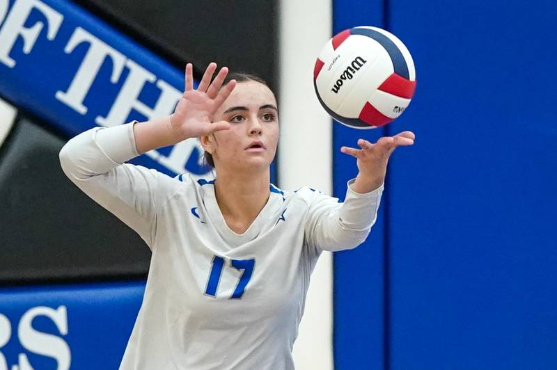 St. Charles North's Addison Kashuba (17) serves the ball during a non-conference match against Huntley at St. Charles North High School on Wednesday, Sept. 3, 2025.