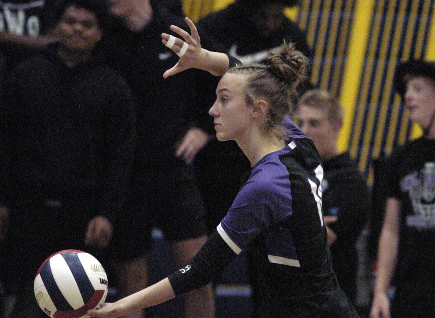 Dixon's Leah Carlson prepares to serve. Sterling hosted Dixon in Volleyball on August 26, 2025 at Musgrove Fieldhouse.