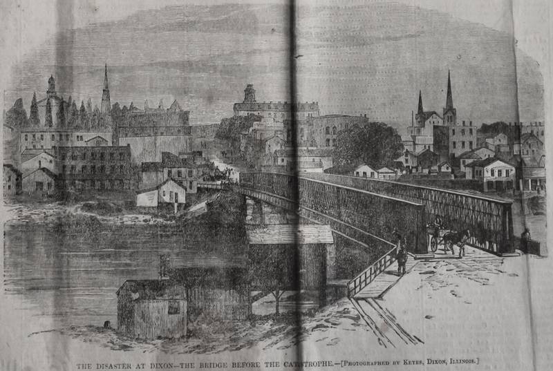 Photo engraving of the Truesdell iron-lattice bridge attributed to "Charles Keyes, Dixon" that appeared in the Dixon Telegraph of May 22, 1873.