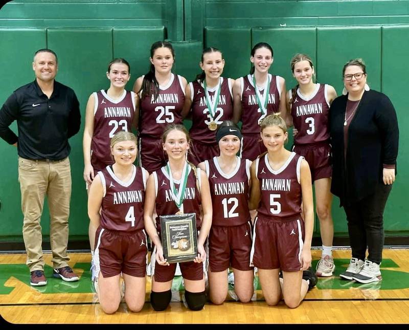 The Annawan Bravettes won the Geneseo Thanksgiving Tournament, defeating Sterling, 45-43, for the championship. Team members are (front row, left to right)
Brynn Harker, Clara Bella VanOpdorp, Aleigha Witte and Paige Sierens; (back row) coach Jason Burkiewicz, Olivia Goodley, Ella Anderson, Zoey Vance, Kaylee Celus, Elaina Manuel and coach Caitlyn DeMay.