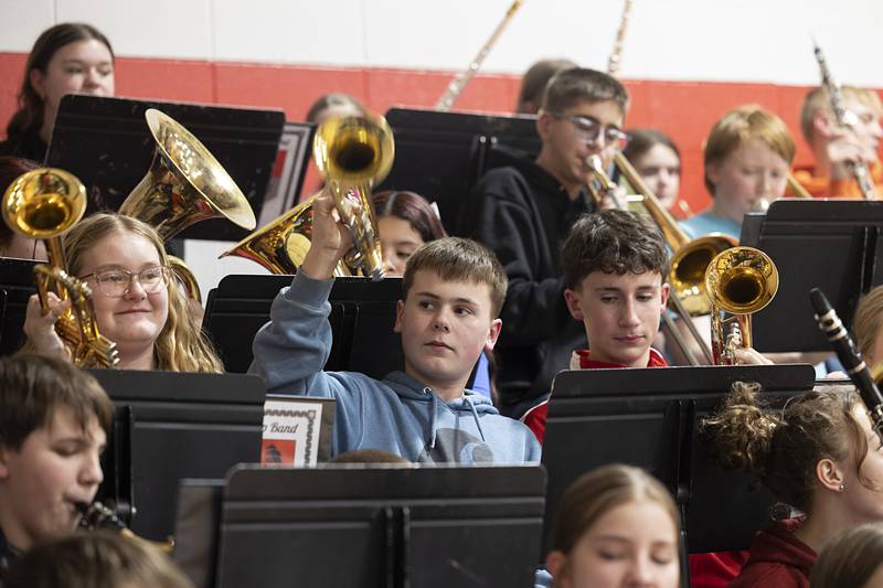 Amboy Junior High Pep Band members entertain the crowd Tuesday, Feb. 3, 2026, at a fifth and sixth grade girls basketball game.