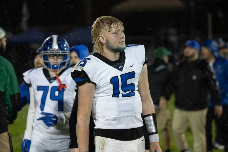 Clifton Central senior Brady Shule takes a moment after the game as the Comets lost 43-14 to Dwight in second round playoffs on Saturday, Nov. 8, 2025.