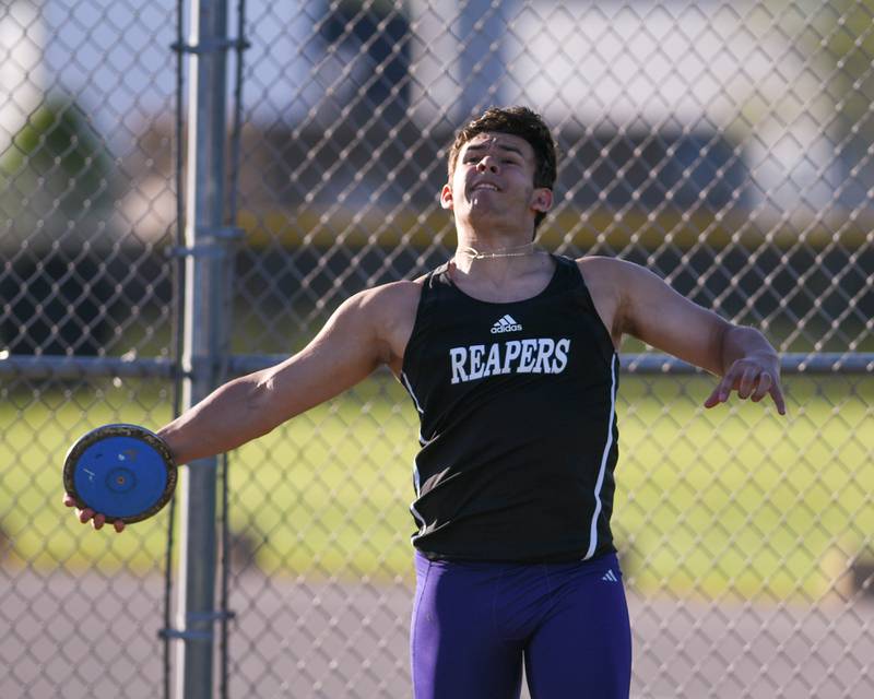 Plano discus thrower Armando Martinez competes during the Kishwaukee River Conference track meet held on Tuesday May 7, 2024, at Plano High School.