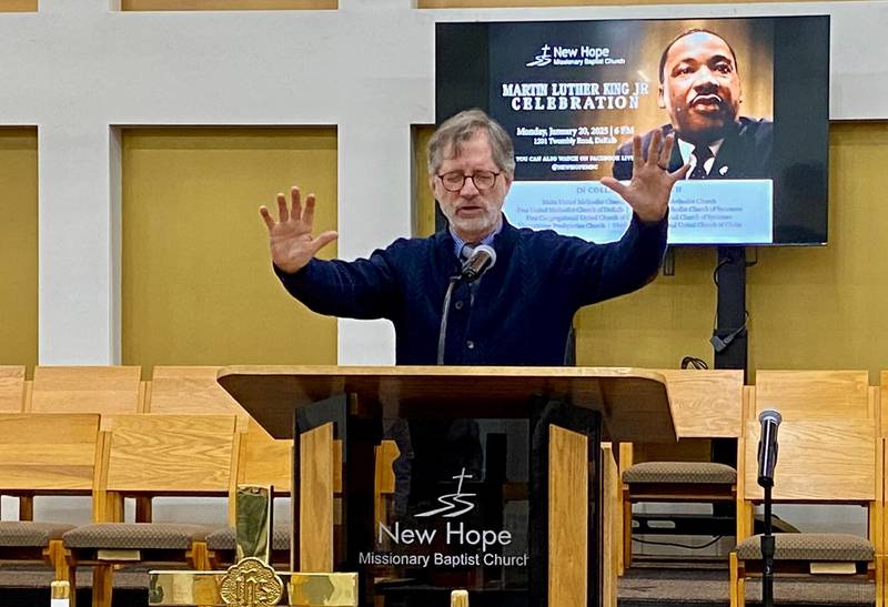 The Rev. John Dorhauer, pastor of First Congregational United Church of Christ, gives the call to action to conclude the annual Martin Luther King, Jr. Celebration held on Monday, Jan. 20, 2025, at New Hope Missionary Baptist Church, 1201 Twombly Road, DeKalb. Multiple DeKalb County area churches collaborated to host the event.