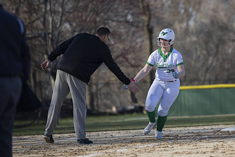 Rock Falls’ Peyton Smit celebrates a two-run homer against Forreston Thursday, March 28, 2024 at Rock Falls High School.