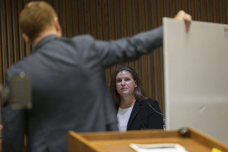 Dr. Wendy Sanders testifies Friday, Nov. 7, 2025, in the Ramos wrongful death civil trial at the Whiteside County Courthouse in Morrison. Sanders is an expert in fire and smoke mechanics and explained the events that unfolded at a Dec. 3, 2021, house fire in Rock Falls. Sterling Fire Lt. Garrett Ramos died while fighting the fire.