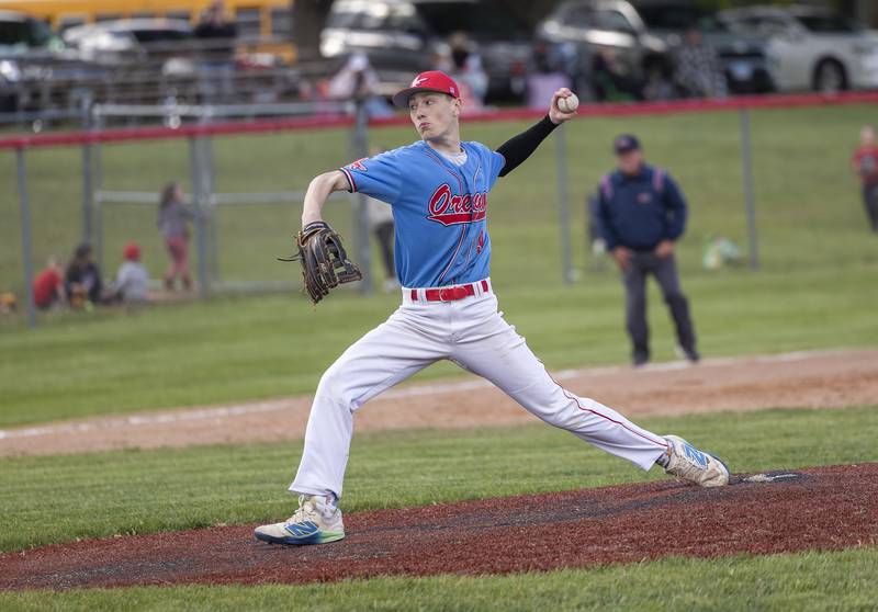 Oregon’s Bryce Becker fires a pitch against Rock Falls in the Stillman Valley Class 2A Regional semifinal Thursday, May 22, 2025.
