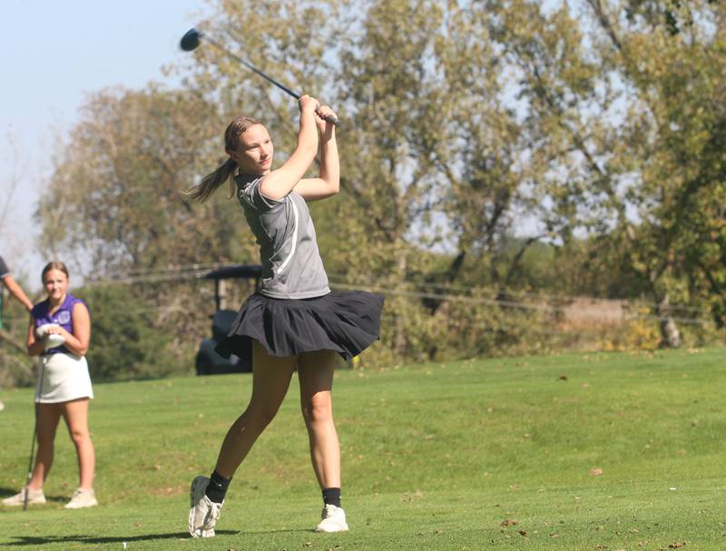 Granville's Diana Ely tees off during the Class 1A Regionals on Tuesday, Sept. 30, 2025 at Spring Creek Golf Course in Spring Valley.