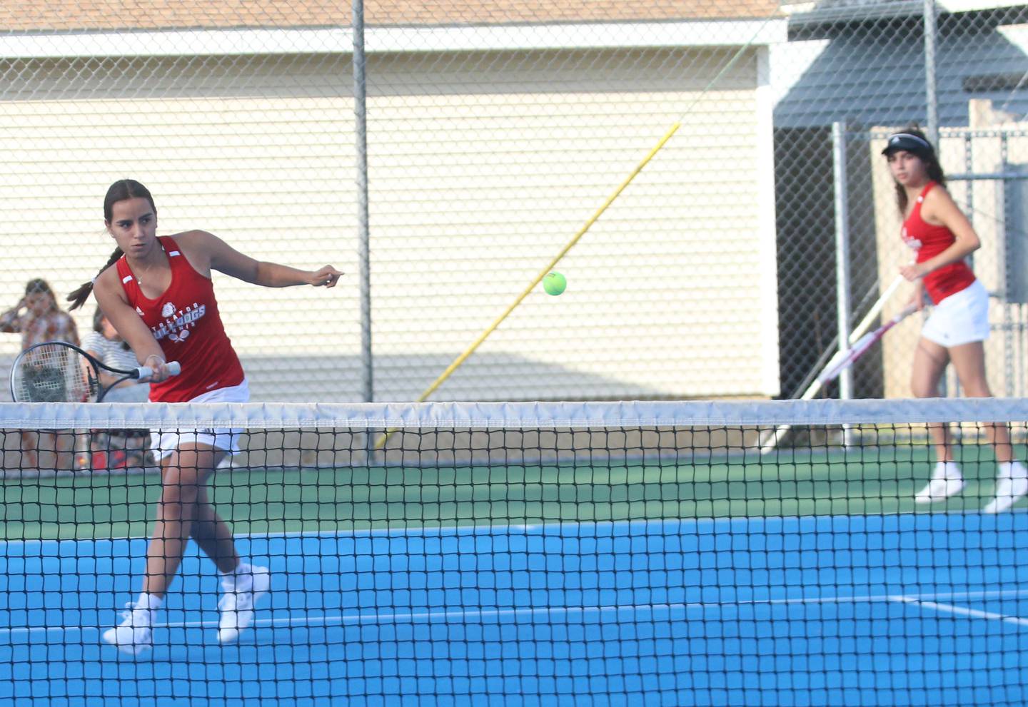 Streator doubles team of Isabell Gutierrez and Indyana Hernandez play tennis against Kankankee on Monday, Sept. 30, 2024 at Streator High School.