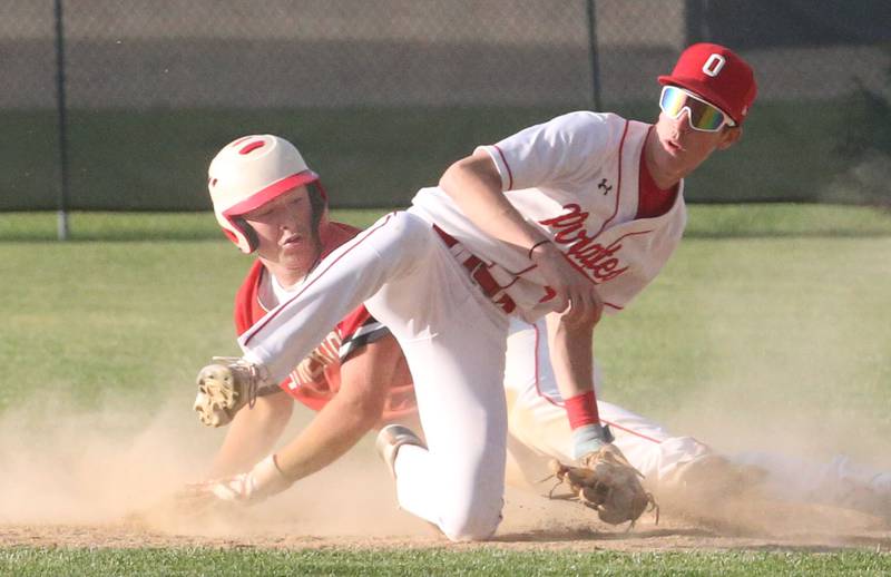 Streator's Isaiah Weibel steals second base as Ottawa's Colt Bryson catches a late throw during the Class 3A Regional semifinal game on Thursday, May 29, 2025 at Pontiac High School.