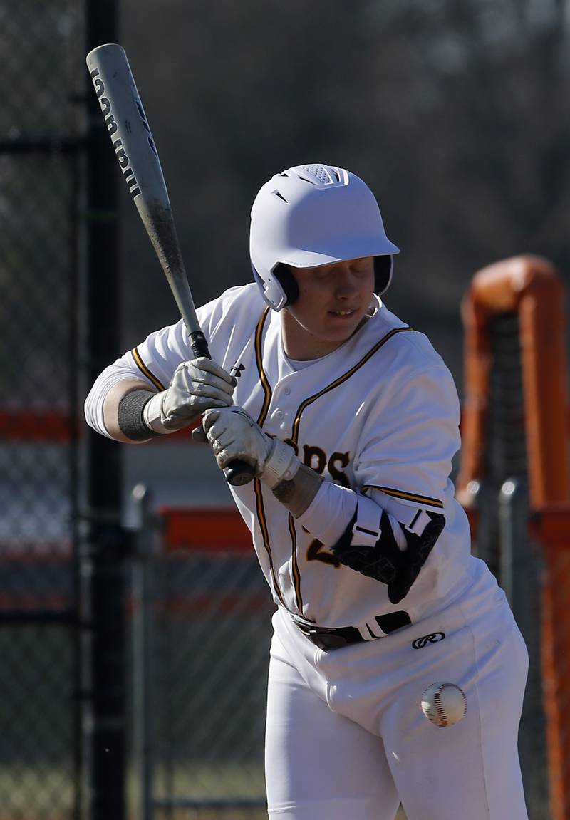 Jacobs’ Jack Celler is hit by a pitch during a Fox Valley Conference baseball game against  Crystal Lake Central Monday, April 10, 2023, at Crystal Lake Central High School.