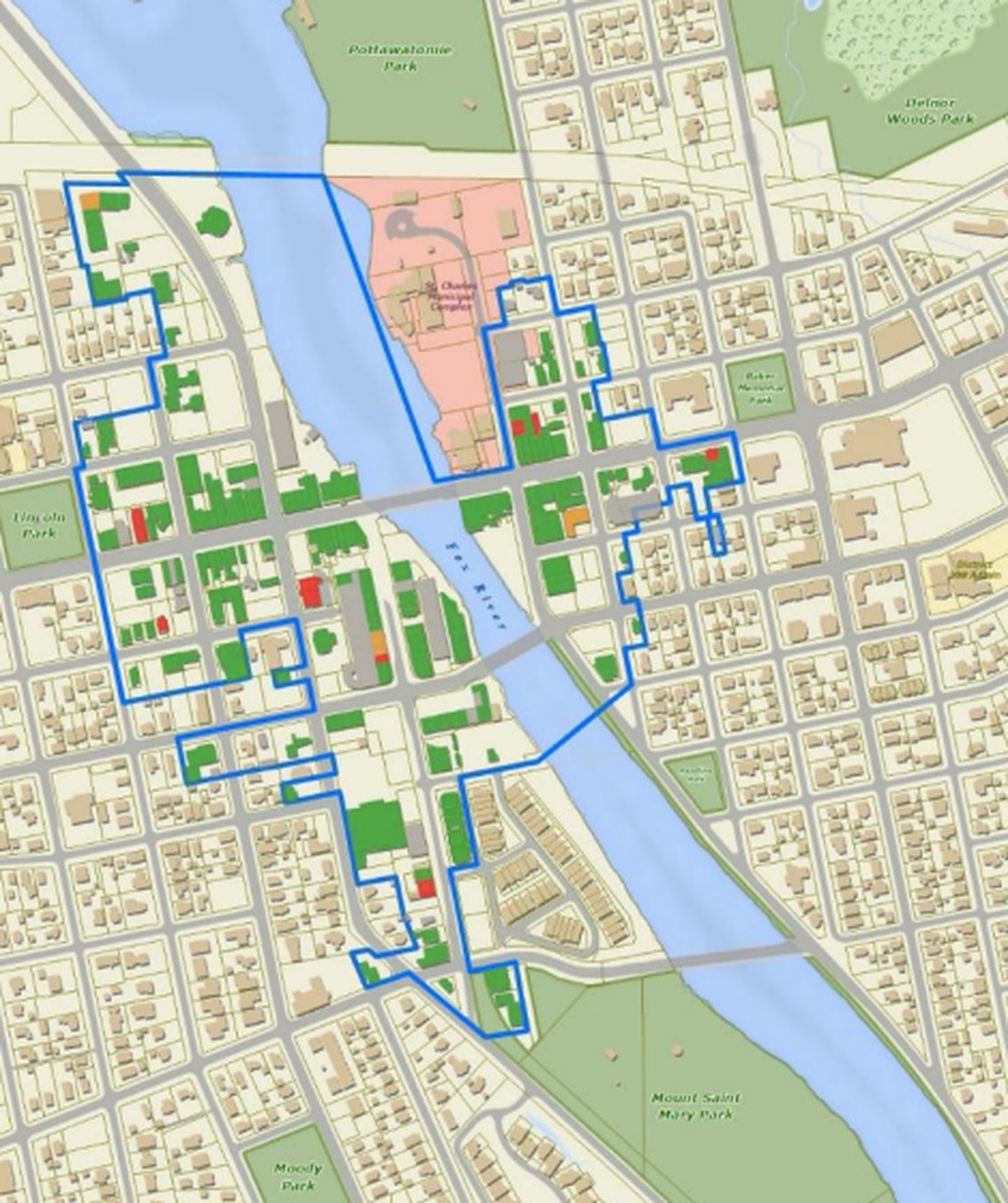 A map of downtown St. Charles indicates the current occupied storefronts in green and the vacancies and partial-vacancies in red and yellow.