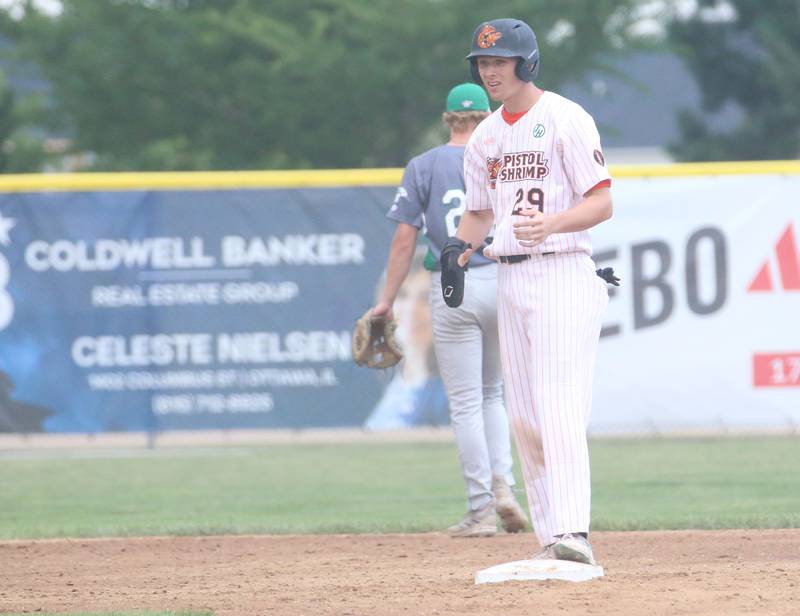 Pistol Shrimp's Louis Perona stands safely on second base on Wednesday July 10, 2024 at Schweickert Stadium in Peru.