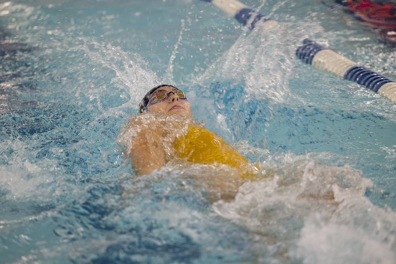Sterling’s Macie Lofgren swims the 200 medley relay Wednesday, Aug. 28, 2024 at Morrison High School.