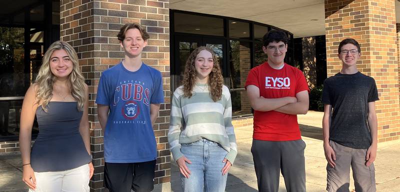Geneva High School students Ellie Grantcharov, (left) Nicholas Grimes, Evelyn Gibbons, Vitaly Starkov and Ethan Ryan were named National Merit Semifinalists for 2025. The nationwide pool of Semifinalists, which represents less than one percent of U.S. high school seniors, includes the highest-scoring entrants in each state.