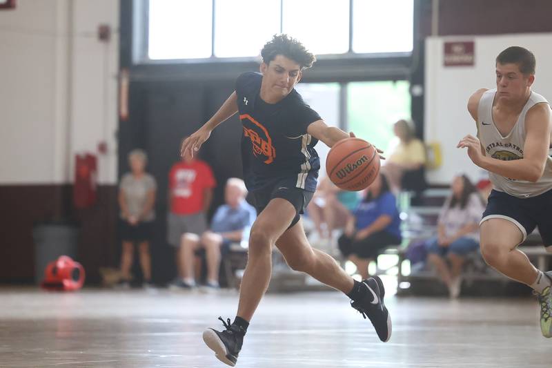 Oswego’s Luke Roller pulls in the ball against Central Catholic at the 37th Morris Boys Shootout on Tuesday, June 25, 2024.
