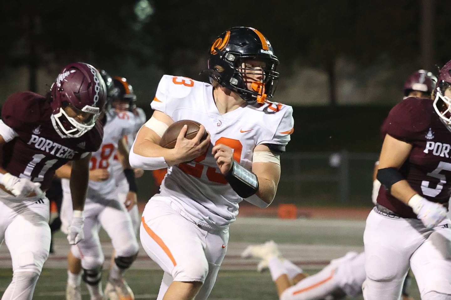 Lincoln-Way West’s Jaiden Navarro heads upfield after a catch against Lockport on Friday, Oct. 18, 2024 in Lockport.