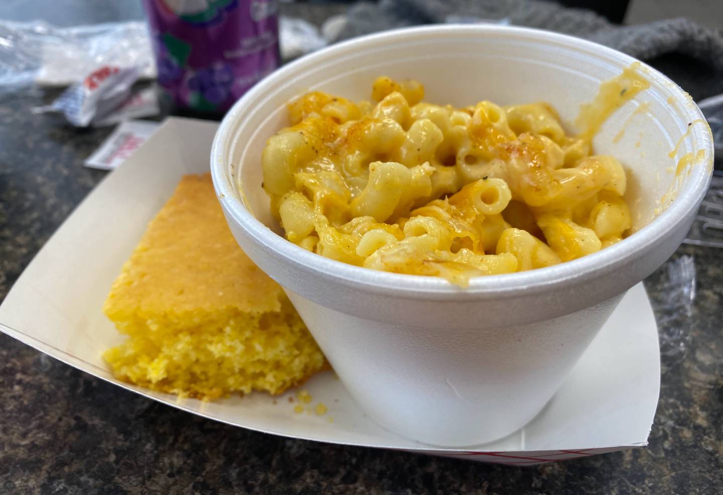 During our visit to Tangie's Kitchen, we ordered cornbread and baked macaroni and cheese as sides, both were highlights of the meal.