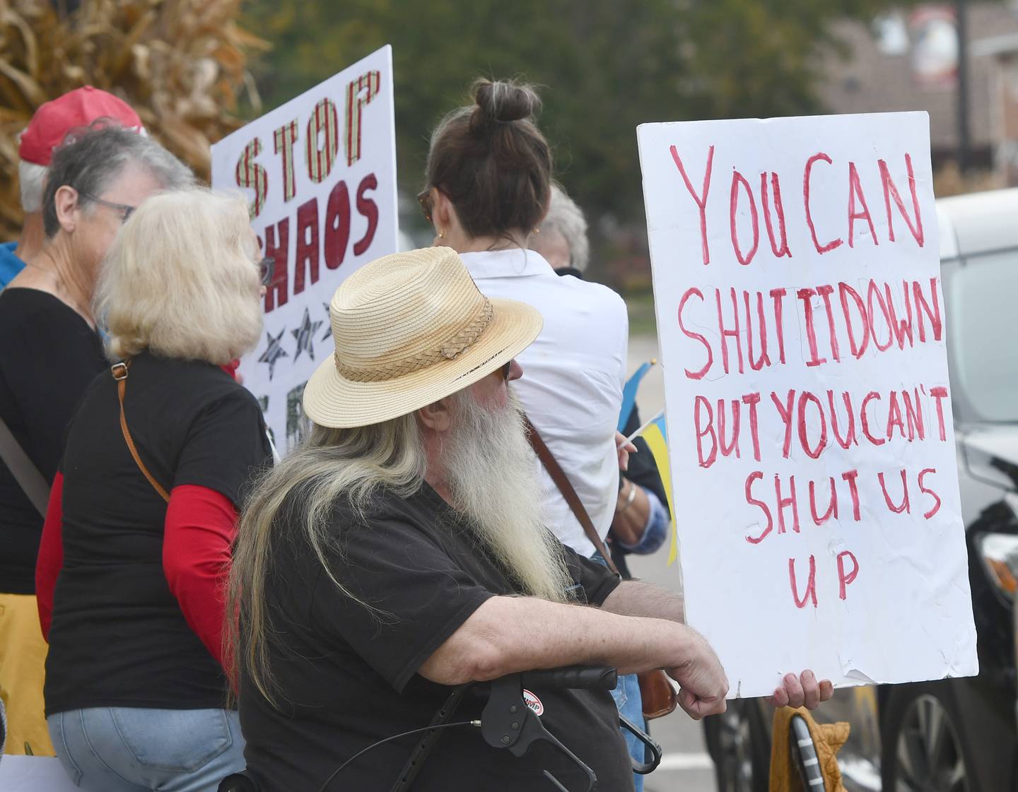 There were a variety of signs carried by demonstrators on Saturday, Oct. 18, 2025 at the No Kings rally on the Ogle County Courthouse square in Oregon, Illinois to protest actions and decisions by President Donald Trump and his administration.