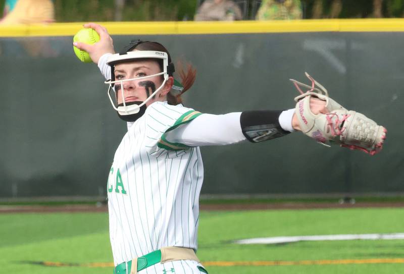 Seneca's Hayden Pfeifer lets go of a throw to Ottawa on Friday, May 1, 2026 at Seneca High School.