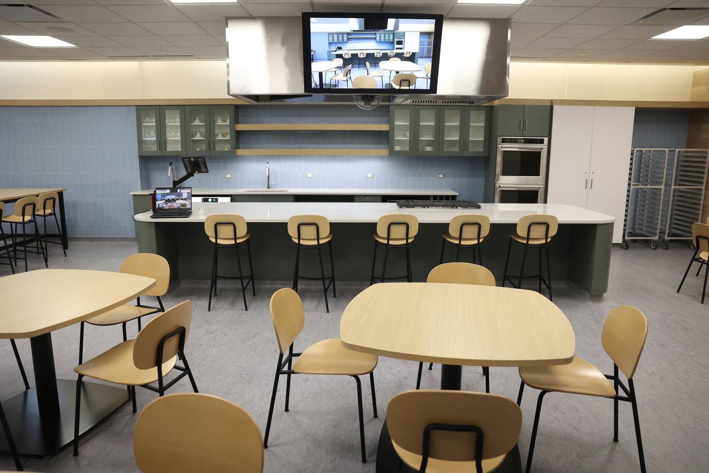 Joliet Central’s new culinary arts addition includes room designed with a “made-for-TV” aesthetic, featuring a professional demonstration kitchen and café-style seating on Monday, Jan. 6, 2025 in Joliet.