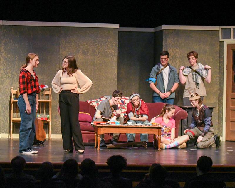 Jane played by Jorie Phillips talks with Tammy played by Tess Larmon, left, during a one act play called Fallen Goldfish on Saturday March 22, 2025, held at Lyons township High School south campus.