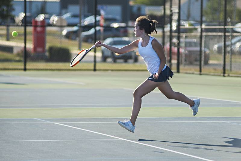 Sterling's Jencia Francis plays a shot against Sycamore's Elizabeth Kleckner Thursday, Sep. 16, 2021.