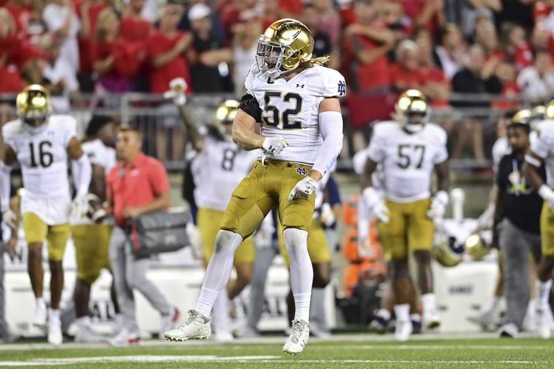 Notre Dame linebacker Bo Bauer celebrates after a special teams tackle during the second quarter of an NCAA college football game against Ohio State, Saturday, Sept. 3, 2022, in Columbus, Ohio. (AP Photo/David Dermer)