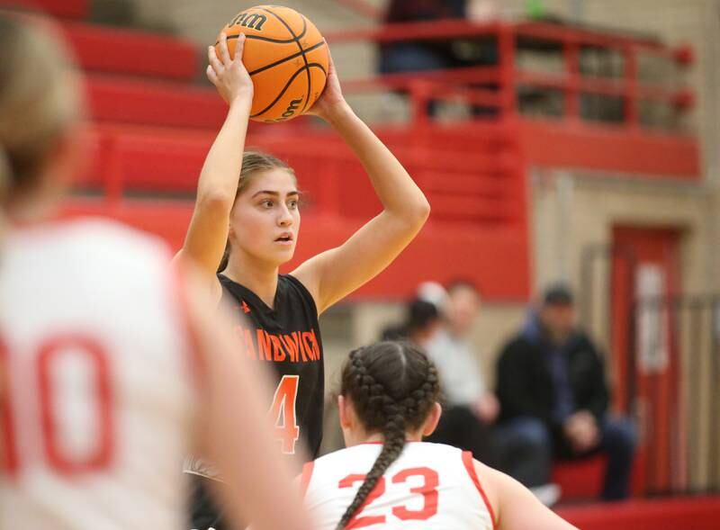 Sandwich's Hannah Treptow looks to pass the ball around Ottawa's Mary Stisser on Monday, Jan. 27, 2025 in Kingman Gym at Ottawa High School.