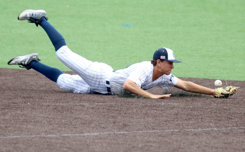 Cary-Grove’s Oskar Freund dives for and just misses a hot shot against Triad in IHSA Class 3A Third Place Game baseball action at Slammer Stadium in Joliet on Saturday, June 14, 2025.