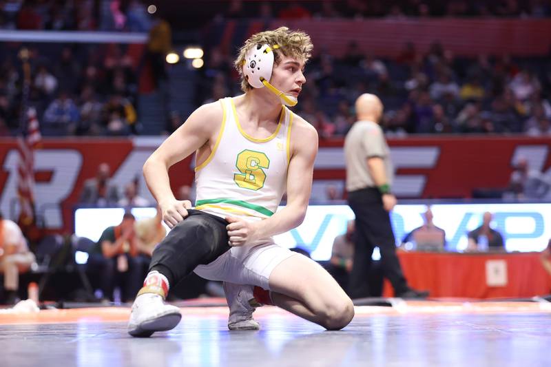 Crystal Lake South’s Josh Glover waits for the match to resume against Geneseo’s Zachary Montez in the Class 2A 113lb. 3rd place match at State Farm Center in Champaign. Saturday, Feb. 19, 2022, in Champaign.