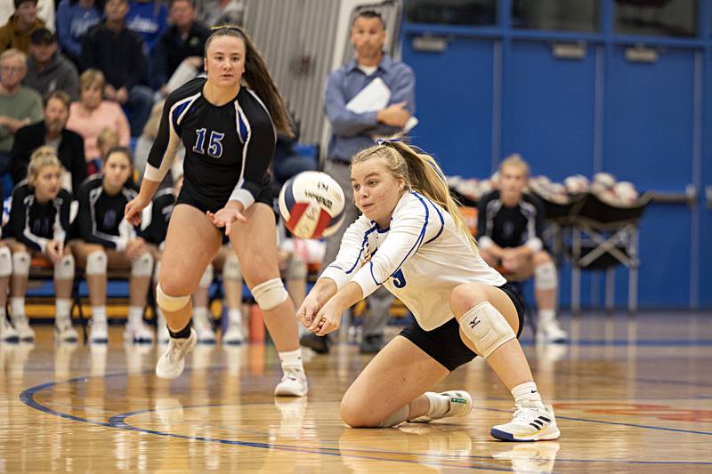 Newark’s Elle Norquist plays a shot against Galena Monday, Oct. 30, 2023 at the Eastland 1A volleyball sectional.