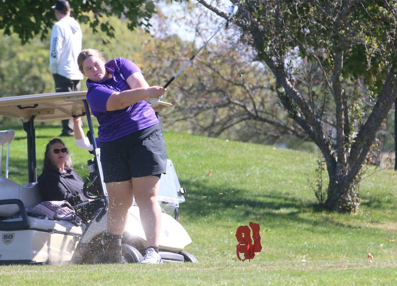 Joliet Centra's Jersy Hauert tees off on the 14th hole during the Class 2A Regional girls golf meet on Tuesday, Oct. 1, 2024 at Senica's Oak Ridge Golf Club in La Salle.