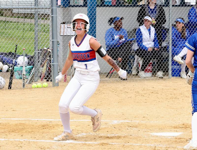 Morrison's Kaylee Pruis celebrates after scoring a run in Saturday's regional championship at Princeton. The Fillies beat Princeton 9-0 to advance to the Class 2A Woodstock Marian Sectional on Wednesday.
