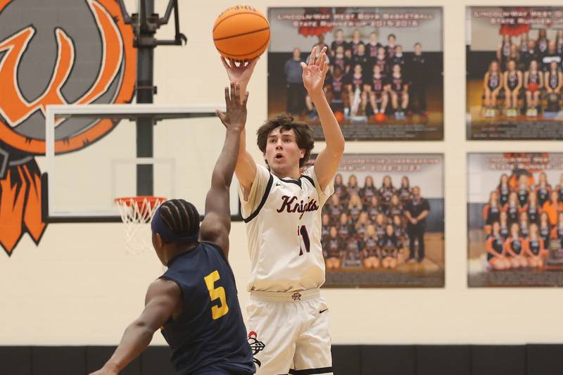 Lincoln-Way West’s Nick Brzezniak takes the outside shot against Neuqua Valley on Saturday, Feb. 1, 2025.
