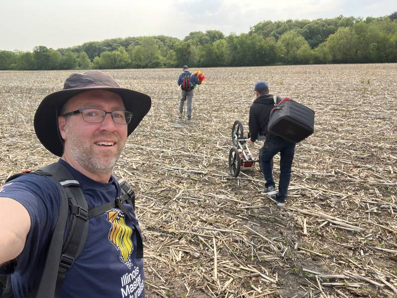 Local master naturalist volunteer Chris Woeltje (foreground) spent May 31, 2025, in the field with archaeologists from Wisconsin, assisting in the survey of two potential Native American sites at Belrose Farm in Wedron.