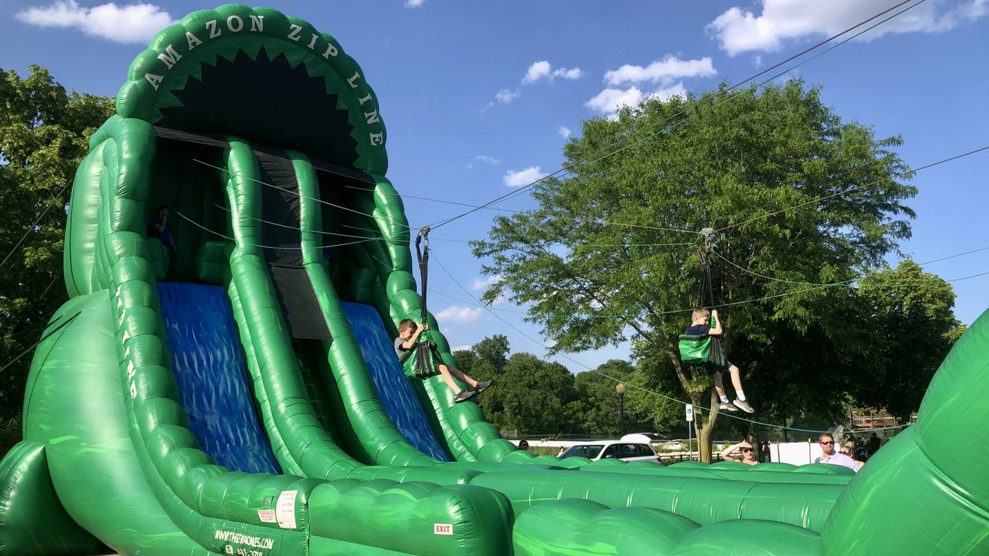 The 50 foot zip-line was the most popular attraction among kids at Yorkville's Margaritas en Mayo event in Riverfront Park on May 23, 2024.