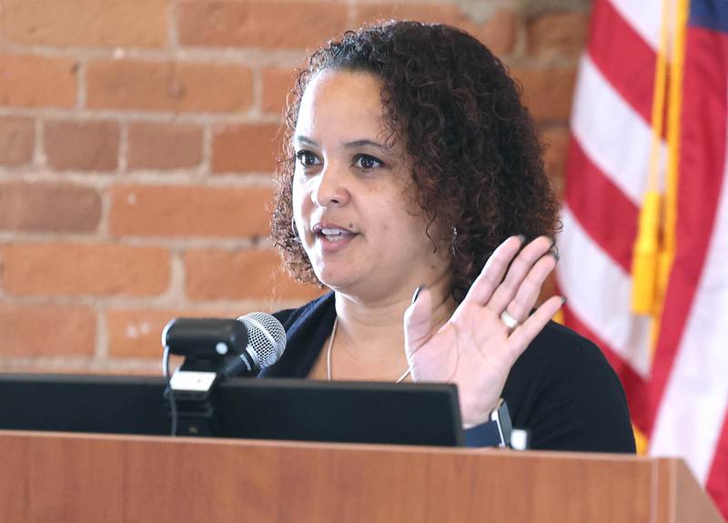Jonelle Bailey, executive director of the Sycamore Park District, talks about their future plans during the State of the Community address Thursday, May 11, 2023, in the DeKalb County Community Foundation Freight Room in Sycamore. The event was hosted by the Sycamore Chamber of Commerce.